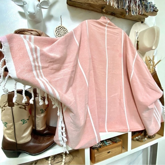 Beach Cape cocoon cover up Turkish upcycled towel w fringe & cabin beach vibe - Picture 7 of 9